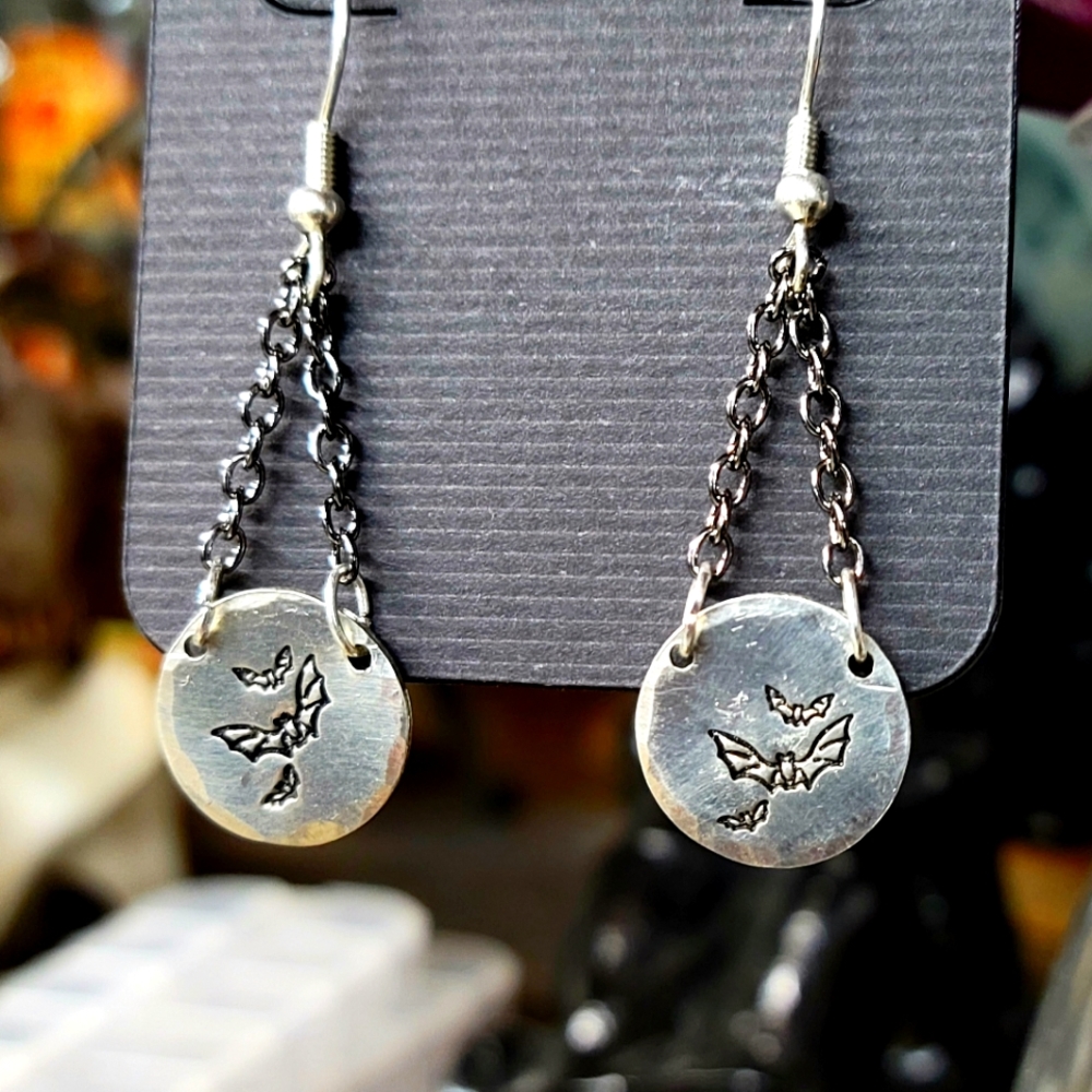 Stamped Bat Dangle Earrings